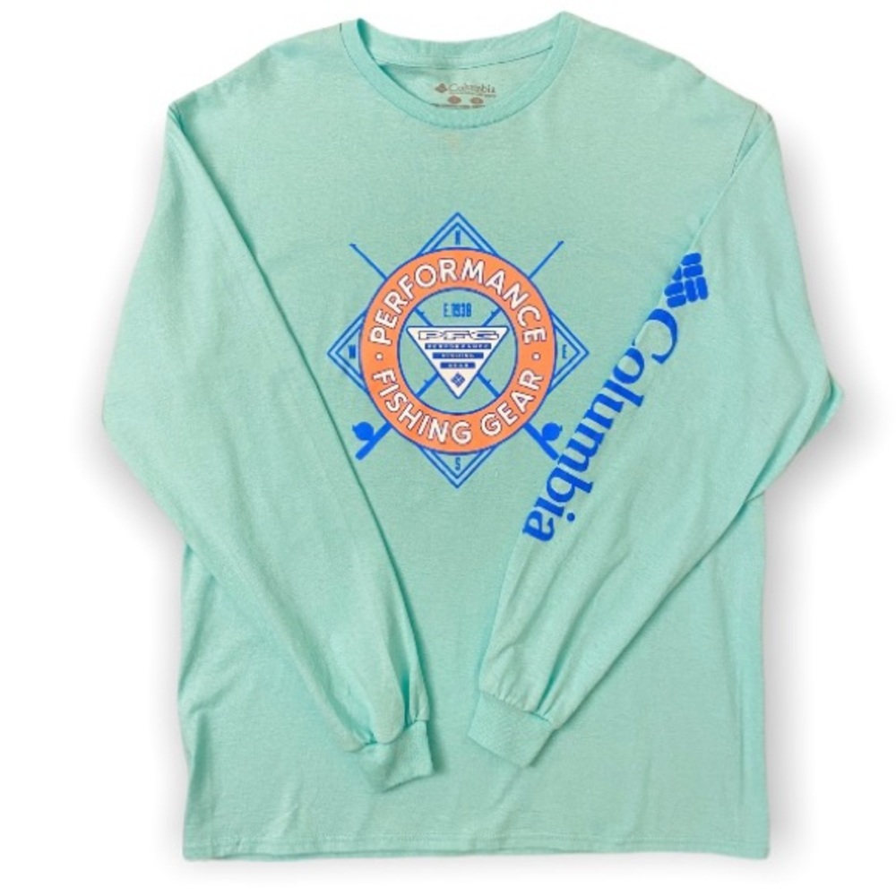 Columbia PFG NWT Sz L Long Sleeve T Shirt, Logo, Seafoam Green, Mens, Fishing